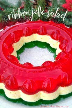 Holiday Ribbon Salad Jello mold Cool Whip Jello, Jello Recipes Christmas, Layered Jello Recipe, Jelly Salad, Mold Recipes, Peach Jello, Recipes With Cool Whip