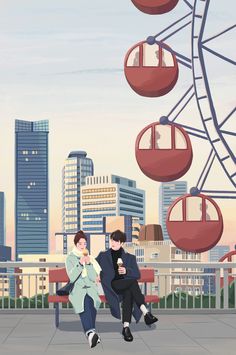 two people are sitting on a bench in front of a ferris wheel and some buildings