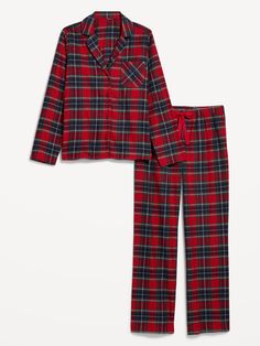 set includes sleep shirt and matching pants notched collar long sleeves button front patch chest pocket elastic-drawstring pants plaid print relaxed fit through body 30 1/2" regular inseam 28 1/2" petite inseam 33 1/2" tall inseam models are approx.  5'9" and wear sizes s (4), l (12), and xl (18)machine wash according to the care instruction label Autumn Pjs, Red Pyjamas, Christmas Slideshow, Family Holiday Pajamas, 2024 Party, Womens Flannel Pajamas, Xmas Wishlist, Plaid Set, Red Pajamas