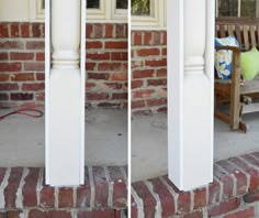 the front porch is decorated with brick and white pillars, along with a wooden bench