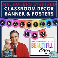 a poster with the words beautiful day and an image of a man holding a cat