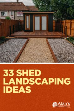 the front cover of an outdoor shed with gravel and gravel walkways in front of it