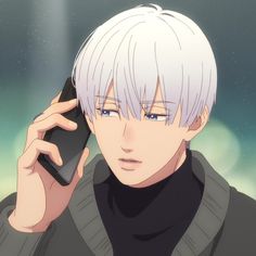 an anime character holding a cell phone to his ear and looking at the camera while wearing a black turtle neck sweater