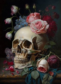 a painting of a skull with flowers on it's head and in the background is a bouquet of roses