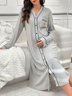 Cartoon Bear Letter Embroidered Pocket Maternity Nightgown, Long Sleeve Grey Casual-Woman  Long Sleeve Knitted Fabric Animal,Letter Nightgowns Slight Stretch Fall/Winter,Spring/Summer/Fall Women Sleep & Lounge, size features are:Bust: ,Length: ,Sleeve Length: Maternity Nightgown, Nightgown Long, Maternity Sleepwear, Embroidered Pocket, Cartoon Bear, Elegant Dresses Long, Black Party, Bear Cartoon, Boho Women