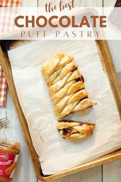 the best chocolate puff pastry is on a baking sheet and ready to be cut into pieces