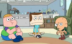 two cartoon characters sitting on the floor in a kitchen