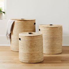 three woven storage baskets sitting on top of a wooden floor next to a potted plant