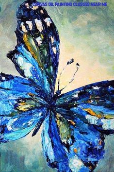 a painting of a blue butterfly on a green background