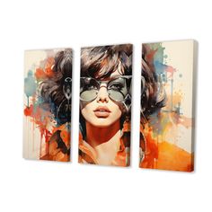 three pieces of art depicting a woman with sunglasses on her face and the image of a woman