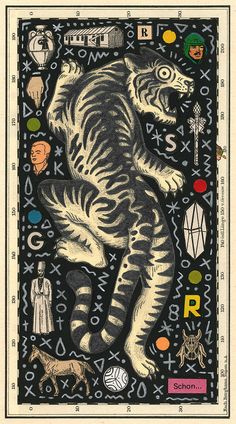 the tiger tarot card is shown in black and white, with an animal on it's back