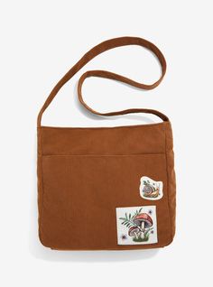 Brown Corduroy Mushroom Patch Messenger Bag | Hot Topic Brown Corduroy Bag With Pockets, Brown Cotton Bags For Fall, Everyday Brown Corduroy Bag, Brown Corduroy Rectangular Bag, Brown Rectangular Corduroy Bag, Brown Corduroy Tote Bag, Brown Rectangular Corduroy Shoulder Bag, Brown Corduroy Rectangular Shoulder Bag, Casual Brown Corduroy Shoulder Bag