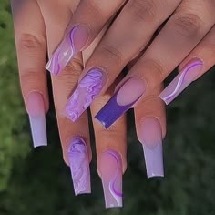 @_nails.by.gee_ on IG • #purplenails #coffinnails #rectanglenails #purplenailart #purplenaildesigns #marblenails #marblenailart Purple Nail Design, Lilac Nails, Purple Acrylic, Lavender Nails