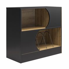 an open bookcase with two shelves on one side and a pair of handles on the other