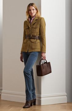 A polished layering piece, this rich twill safari jacket is fashioned in a fitted silhouette with notched lapels and utility-inspired pockets. Front button closure Notched lapels Chest button-flap patch pockets; front button-flap patch pockets Back vent Lined 48% cotton, 42% wool, 10% nylon Dry clean or machine wash, line dry Imported Ralph Lauren Safari, Ralph Lauren Womens Clothing, Contemporary Dresses, Safari Jacket, Ralph Lauren Womens, Cashmere Coat, Lingerie Romper, Field Jacket, Denim Top