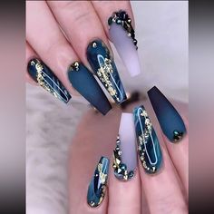 24 Pieces Long Press On Nails, Grain Design, Dark Nails, Matte Nails, Artificial Nails, Art Tutorial, Nail Accessories, Rhinestone Nails