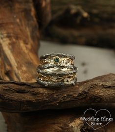 "His and Her vine and tree wedding bands set with emerald, Vine rings set, Unique nature bands, Vintage style emerald rings, Unusual rings set ■ All wedding rings are only crafted with the finest of recycled metals ■ The price is for a set of rings Details of rings: Men's ring: Metal - Sterling Silver and 14k solid Yellow gold Dimensions - width 9mm (0.35 in.), Thickness - 1,5mm (0.059 in.) Finish - shiny and oxidized (shiny at your request) Women's ring: Stone - 3mm Natural Emerald, weight appr Men’s Nature Wedding Rings, Wedding Rings Forest Theme, Forest Rings For Men, Mens Wedding Bands With Trees, Vine Rings, Unique Mens Trees Wedding Bands, Mixed Metals Wedding, Set Of Rings, Cottagecore Wedding