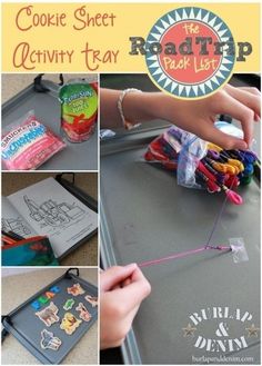 the cookie sheet activity tray is filled with candy and other items to make it fun for kids