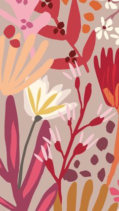 an abstract floral pattern with red, yellow and pink flowers