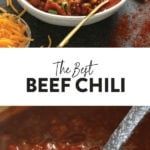 the best beef chili is in a bowl with a spoon next to it and a sign that says, the best beef chili