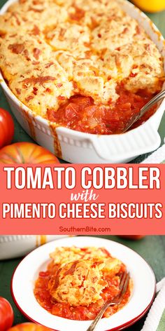 tomato cobbler with pinenut cheese biscuits in a white casserole dish on a green table