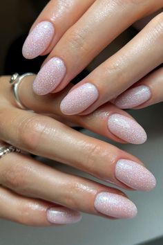 Holiday Nails Light Nails With Glitter, Sparkly Nude Pink Nails, White Shiny Nails Sparkle, Light Pink Nails Glitter, Pink Nude Glitter Nails, Sparkly Light Pink Nails, Light Glitter Nails, Baby Pink Glitter Nails, Sparkly Birthday Nails