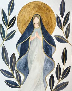 a painting of the virgin mary surrounded by leaves and branches in blue, gold and white colors