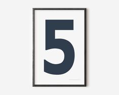 Modern number 5 art print with a navy blue five on a white background. Number 5 Art, Blue Typography, 6 Number, Symbol Art, Number Five, Black And White Background, Navy Background, Number 5, Typography Art