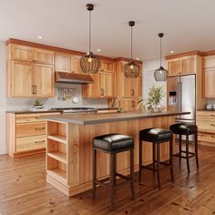 a kitchen with wooden cabinets and stools in the center, an island counter has two black bar stools on it