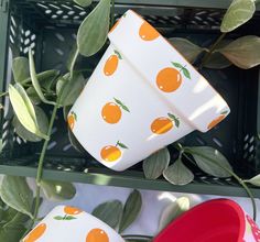 two oranges painted on white cups sitting next to each other in front of green leaves