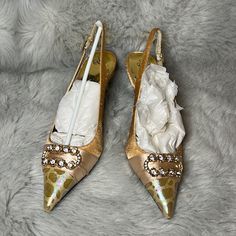 These Beautifully Embellished Shoes Are Perfect For A Wedding Or A Party. Embellished Front And Two Toned Design. All Original Packaging Available As Shown In Photos. Still Have Protective Cover On Bottom. Size: 7.5 Model: Gailen Color: Rachel Fabric/Cr Retail For $109 Feel Free To Make Offer. J Renee Shoes, Embellished Shoes, Gold Cream, Cream And Gold, Shoes Women Heels, A Wedding, Shoes Heels, Size 7, Packaging