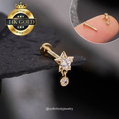 Solid in a single Piece, Post sold separately, available in 6mm, 8mm, 10mm https://www.etsy.com/listing/1621065674/14k-solid-gold-16g-internally-threaded Material: 14K Solid Gold (Stamped 14K for Purity Authenticity) 5A Grade Cubic Zirconia Gemstones All products are nickel-free and hypoallergenic. Size: Gauge: 16g(1.2mm) Bar Length: 8mm The top dimension: 4.7(W) by 8mm(L), including the dangling length Internally Threaded Stud Suitable for  Ear Piercings (Cartilage, Conch, Daith, Helix, Orbital Dainty Star Shaped Single Cartilage Earring, Dainty Star Charm Piercings For Gifts, Star Cartilage Earring, Piercings Cartilage, Nose Piercing Stud, Tragus Jewelry, Piercing Tragus, Ear Piercings Cartilage, Cartilage Earring