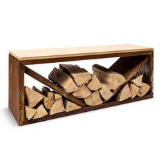 a wooden shelf filled with logs on top of a white background