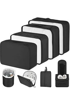 four pieces of black and white bags with various items in each bag, including an earphone