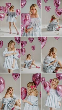 a collage of photos with balloons in the shape of heart shapes and woman posing for pictures