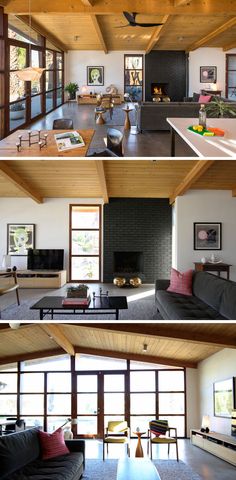 the inside of a modern house with wood ceilings