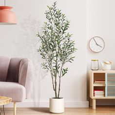 a living room with a chair and clock on the wall