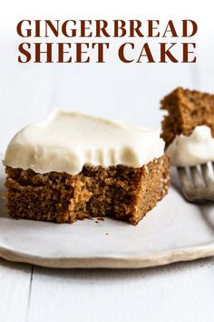 a piece of gingerbread sheet cake on a white plate with a fork next to it