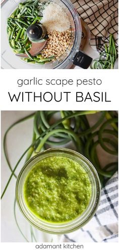 two pictures with the words garlic sauce pest without basil on them and an image of green beans