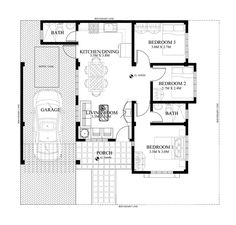 the floor plan for a small house with three bedroom and an attached garage, which is also