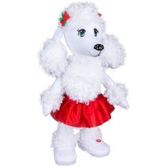 a white poodle stuffed animal wearing a red tutu skirt and green leaves on its head