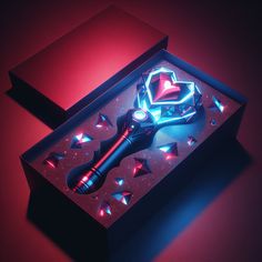 an illuminated object in a box on a red surface