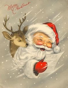 an old fashioned christmas card with santa and reindeer