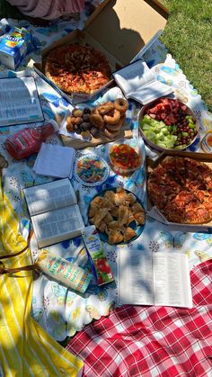 a picnic blanket with food on it