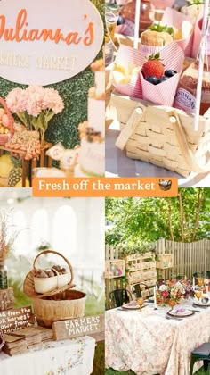 a collage of pictures with different foods and desserts in baskets on the table