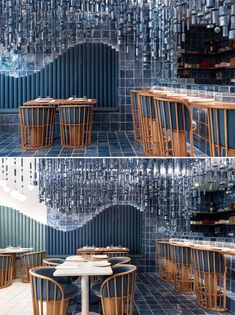 three different shots of tables and chairs in a room with blue tiles on the walls