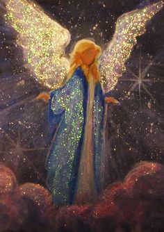 a painting of an angel standing on top of a hill with stars in the sky