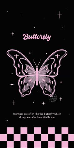 a black and white checkered background with a pink butterfly on it's back