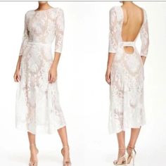 New With Tags, Low Back Dress, Perfect For Brides Backless Lace Dress For Brunch, Backless Lace Dress For Garden Party, Sheer Midi Dress For Wedding, White Feminine Midi Dress For Evening, Sheer Wedding Midi Dress, Feminine Backless Wedding Dresses, White Sheer Knee-length Midi Dress, White Long Sleeve Midi Dress For Wedding, Chic White Backless Dress