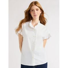 A luxe look without all the drama? Priceless. Free Assemblys Ruffle-Trim Cotton Shirt is crafted in premium, lightweight cotton updated with darling ruffle trim at the shoulders, neckline, and button-front placketthe perfect balance of casual and chic style. Pair with our Wide-Leg Jeans (sold separately), for a trendy-worthy look, an absolute must-have for your everyday wardrobe in striking stipes and reliable solid colors. Only at Walmart. Size: XXL.  Color: White.  Gender: female.  Age Group: Bow Tie Blouse, Ruffle Shirt, Knit Tunic, The Drama, Long Puff Sleeves, Everyday Wardrobe, Ruffle Trim, Wide Leg Jeans, Gorgeous Dresses